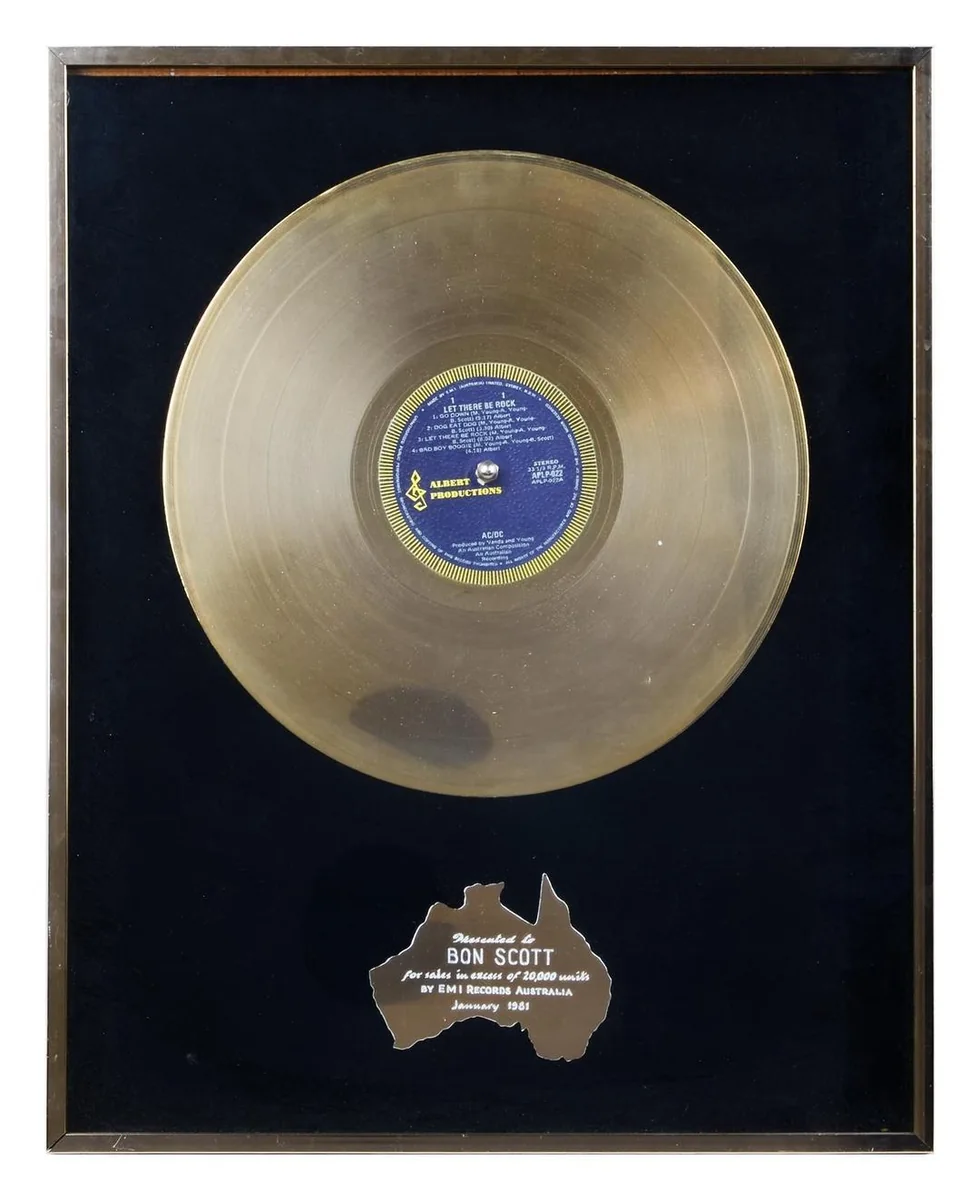 Example Australian AC/DC record award presented to Bon Scott