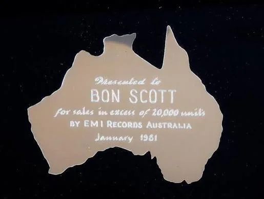 Close-up of Australia-shaped plaque from AC/DC Australian record award