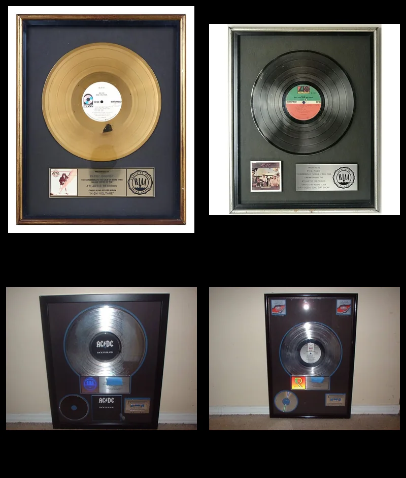 Examples of AC/DC RIAA gold platinum hologram and multi-platinum record awards