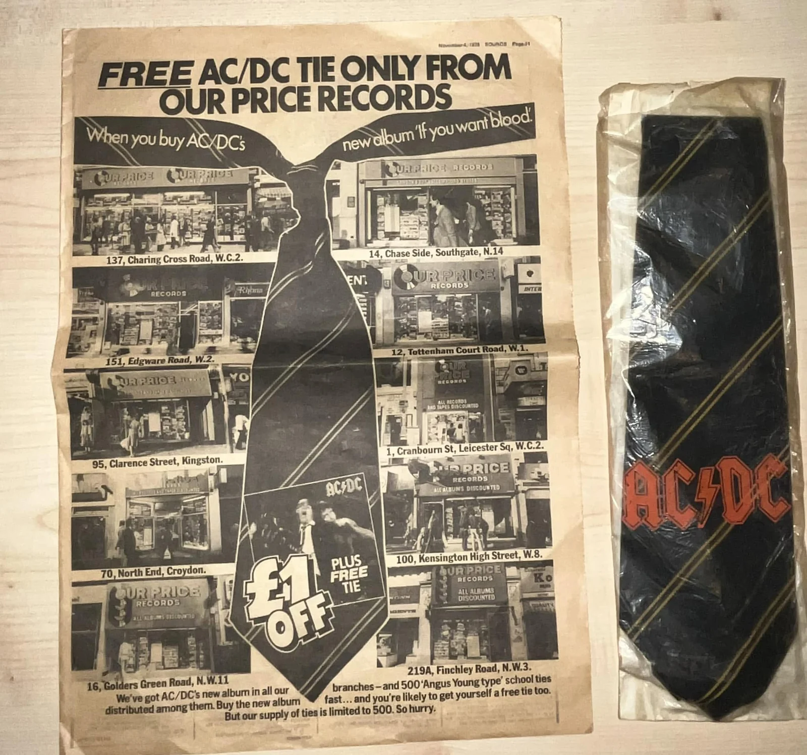 1978 UK Our Price Records AC/DC If You Want Blood promotional school tie and original advertisement